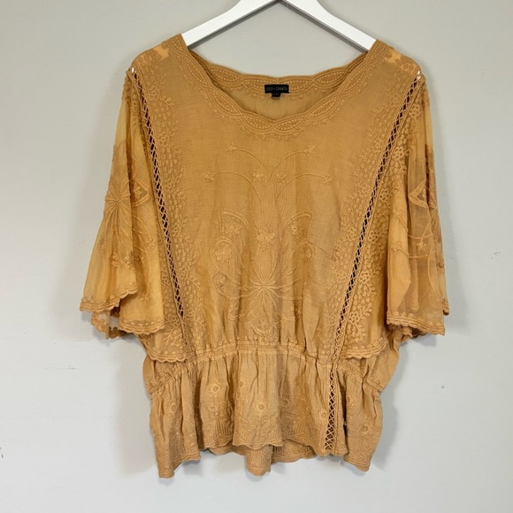 Coco + Carmen Tops - COCO + CARMEN Women’s Beige Cotton Blouse Lace Trim Embroidered Peplum Top L/XL